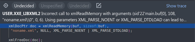 Выданное предупреждение детектора USER.XXE_LIBXML2