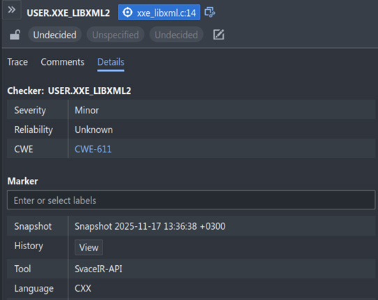 Атрибуты детектора USER.XXE_LIBXML2 в веб-интерфейсе Svacer