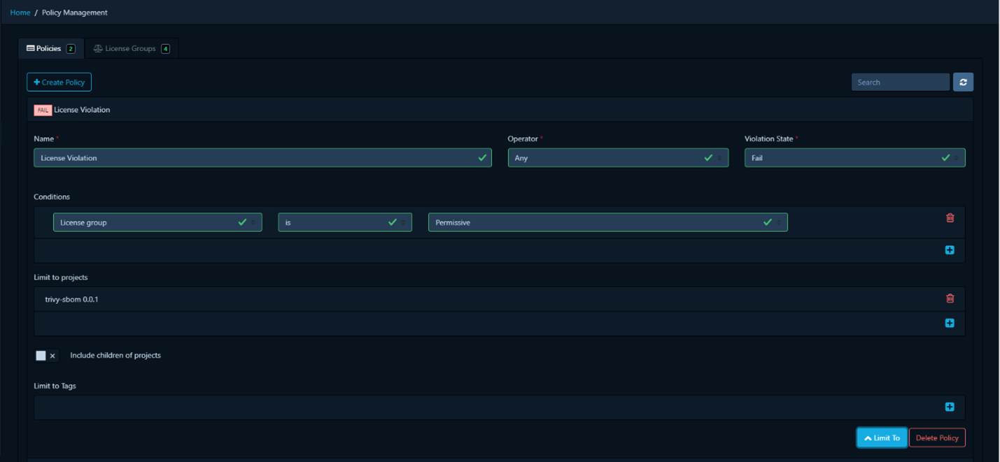Пример блокирующей политики в open-source инструменте Dependency-Track по правилу License group is Permissive