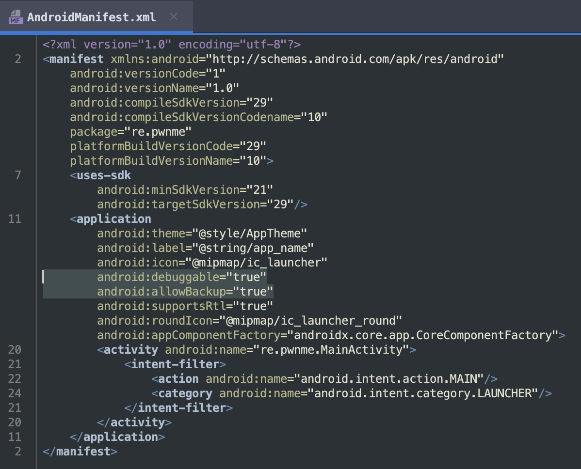 AndroidManifest.xml с включёнными флагами debuggable и allowBackup
