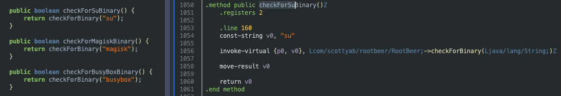 Java- и Smali-представление функции checkForSuBinary